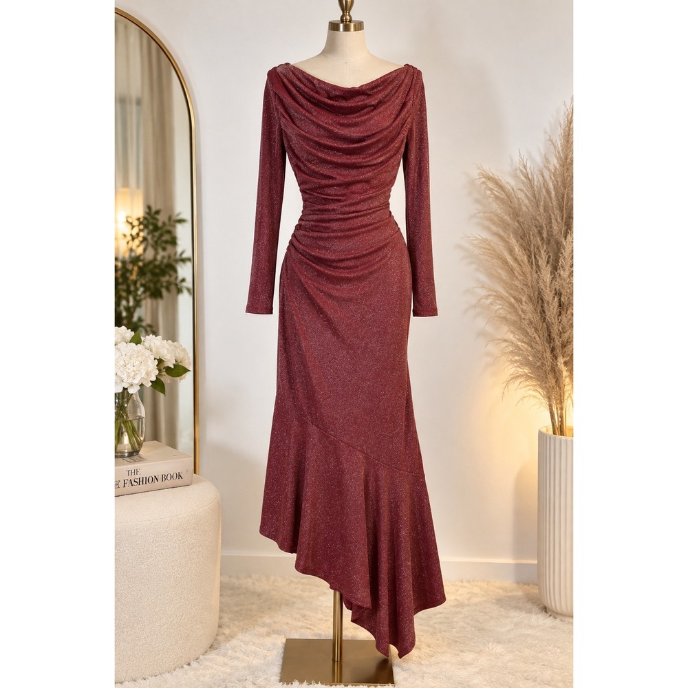 Popilush NWT M Burgundy Metallic Off Shoulder Ruched Maxi Dress Built In Shorts